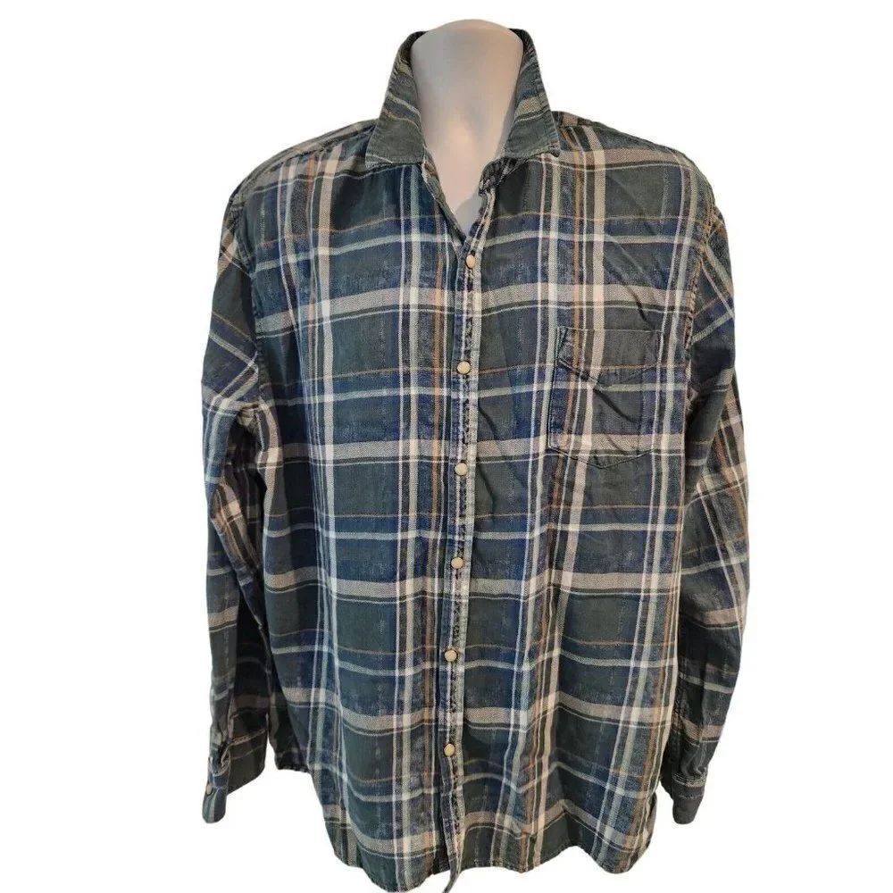 Lucky Brand Mens Casual Green Plaid Snap Button Down Long Sleeve Shirt Size XL